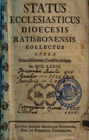Status ecclesiasticus Dioecesis Ratisbonensis. 1774