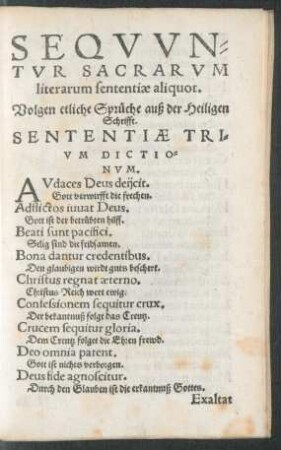Sequuntur Sacrarum literarum sententiae aliquot. Volgen etliche Sprüche auß der Heiligen Schrifft.