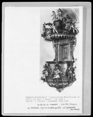 Kanzelkorb mit Figuren der Kirchenväter, Schalldeckel mit Evangelistensymbolen