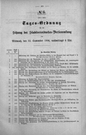 Tages-Ordnung No. 15. (301-347), 12. September 1906