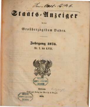 Staatsanzeiger für das Großherzogtum Baden. 1873