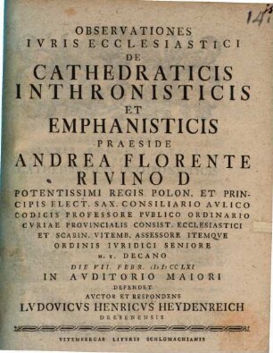 Observationes Ivris Ecclesiastici De Cathedraticis, Inthronisticis Et Emphanisticis