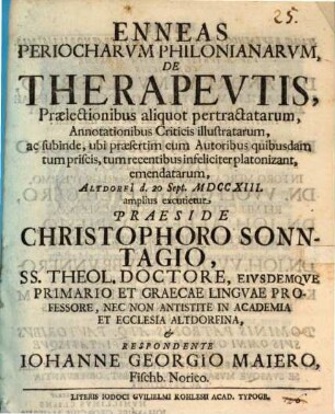 Enneas periocharum Philonianarum de therapeutis ...