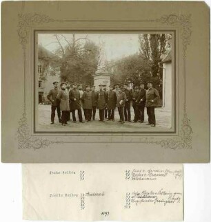 Generalstabsreise 1900, sechzehn Offiziere (unter ihnen ein Zivilist), stehend, in Uniform und Mütze, vor dem Kriegerdenkmal zum deutsch-französischen Krieg 1870/71in Flinsbach
