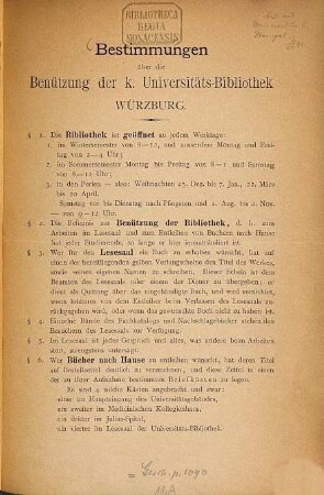 Bestimmungen über die Benützung der k. Universitätsbibliothek Würzburg