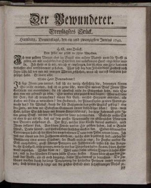 Dreyßigstes Stück. Hamburg, Donnerstags, den ein und zwanzigsten Junius 1742.