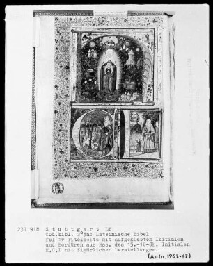 Lateinische Bibel, drei Bände — Titelblatt mit aufgeklebten Bordüren und Initialen, Folio 1verso