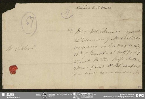 Eigenh. Billet von Maria Nugent an August Wilhelm von Schlegel, London, ohne Datumsangabe