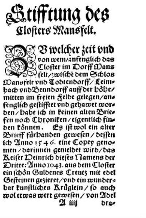 Stifftung des Closters Mansfelt.
