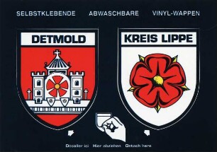 Postkarte. mit zwei selbstklebenden, abwaschbaren Vinyl-Wappen. Detmold und Kreis Lippe