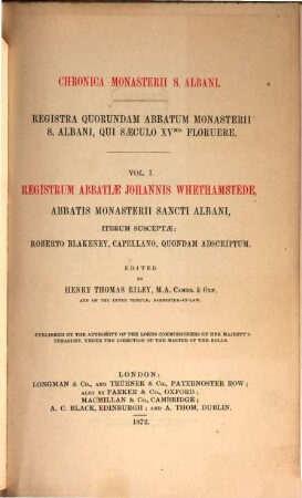 Registra quorundam abbatum Monasterii S. Albani, qui saeculo XVmo floruere. 1, Registrum Abbatiae Johannis Whethamstede