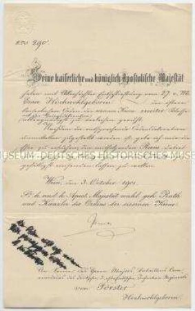 Begleitschreiben zur Verleihung des Österreichischen Kaiserlichen Ordens der Eisernen Krone 2. Klasse mit der Kriegsdekoration