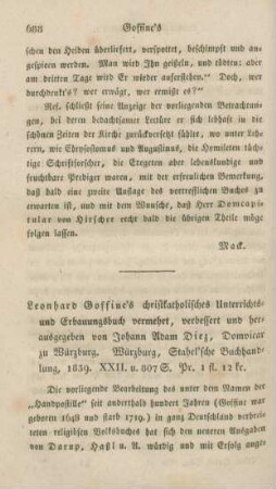 688-689 [Rezension] Goffiné, Leonhard, Christkatholisches Unterrichts- und Erbauungsbuch