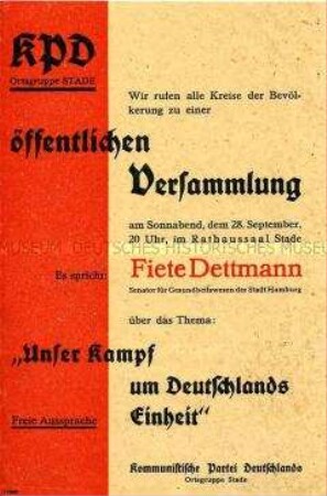 Einladung der KPD Stade zu einer öffentlichen Versammlung zum Thema deutsche Einheit