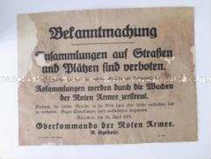 Maueranschlag zur Verkündung des Versammlungsverbotes während der Münchner Räterepublik