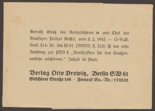 Mitteilungskarte „Vorschriften für den Straßenverkehr“, Verlag Otto Drewitz, Gitschiner Straße 106