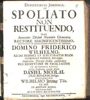 Dissertatio Juridica, De Spoliato Non Restituendo