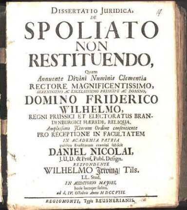 Dissertatio Juridica, De Spoliato Non Restituendo