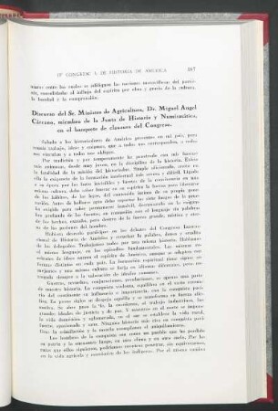 Discurso del Sr. Ministro de Agricultura, Dr. Miguel Angel Cárcano, miembro de la Junta de Historia y Numismática, en el banquete de clausura del Congreso
