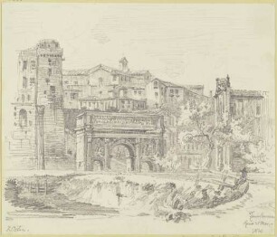 Der Triumphbogen des Septimius Severus und die Curia Iulia auf dem Forum Romanum in Rom