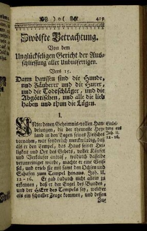 Zwölfte Betrachtung. Von dem Unglückseligen Gericht der Ausschliessung aller Unbusfertigen.