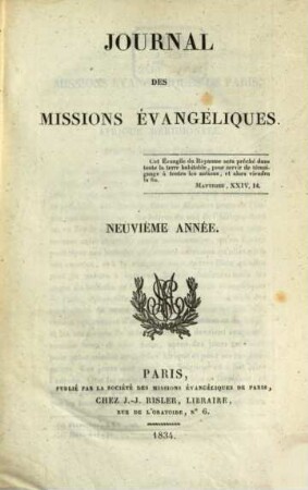 Journal des missions évangéliques. 9. 1834