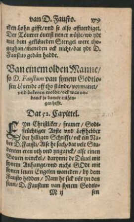 Van einem olden Manne/ so D. Faustum van synem Godtlosen Levende aff tho stände/ vormanet ... Dat 52. Capittel.
