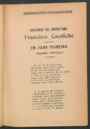 Canciones del Napolitano Francisco Cocoliche - En Juan Moreira : Drama criollo