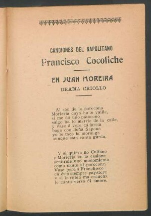 Canciones del Napolitano Francisco Cocoliche - En Juan Moreira : Drama criollo