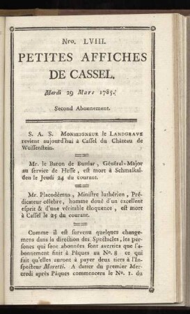 No LVIII (Mardi 29 Mars 1785)