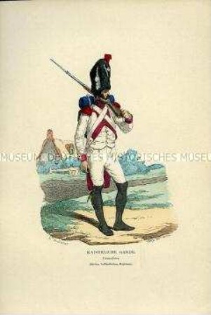 Uniformdarstellung, Grenadier des 3. Holländischen Grenadier-Regiments der Kaiserlichen Garde, Frankreich, 1812. Tafel 29 aus: Bellangé: Die Soldaten der französischen Republik und des Kaiserreichs.