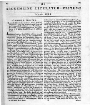 Justinus, M. J.: Justini historiae Philippicae. Für den Schulgebrauch historisch und grammatisch erläutert. Bearb. v. W. Fittbogen. Halle: Schwetschke 1835