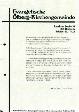 Flugschrift: Evangelische Ölberg-Kirchengemeinde 1989