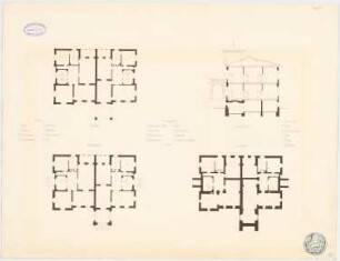 Entwurf zu einer Villa: Grundrisse Souterrain, EG, 1. OG, Schnitt