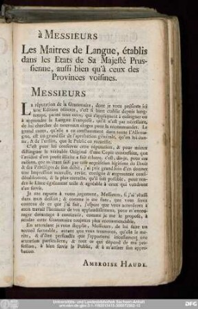 à Messieurs Les Maitres de Langue, établis dans les Etats de Sa Majesté Prussienne, aussi bien qu'à ceux des Provinces voisines.