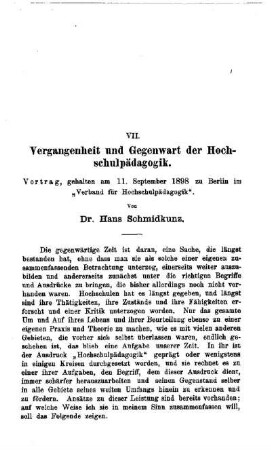 Vergangenheit und Gegenwart der Hochschulpädagogik : Vortrag, gehalten am 11. September zu Berlin im "Verband für Hochschulpädagogik"