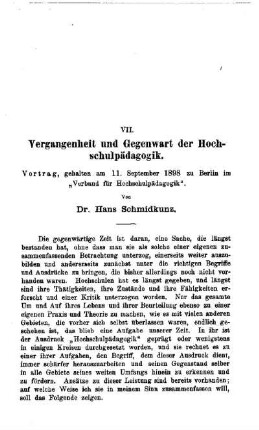 Vergangenheit und Gegenwart der Hochschulpädagogik : Vortrag, gehalten am 11. September zu Berlin im "Verband für Hochschulpädagogik"
