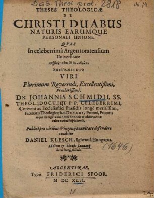 Theses Theologicae De Christi Duabus Naturis Earumque Personali Unio
