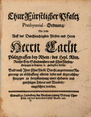 Churfürstlich Pfälzische Presbyterial-Ordnung