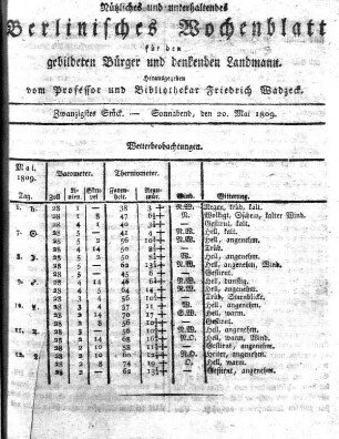 Zwanzigstes Stueck, Sonnabend, den 20. Mai 1809.