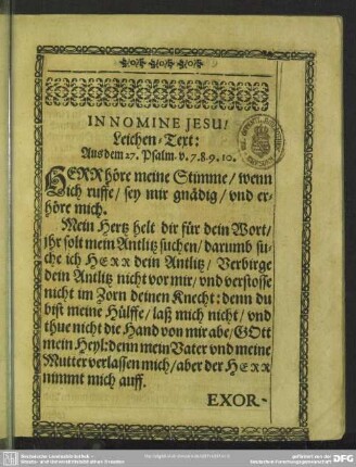 Leichenpredigt : Christliche Leich-Predigt, Leichen-Text, Exordium, Explicatio Textus