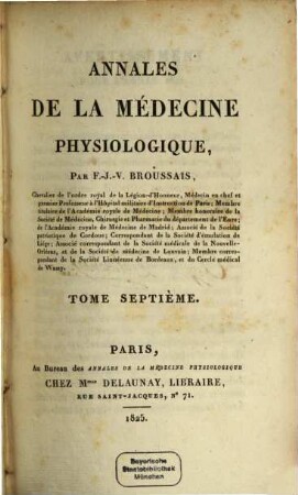 Annales de la médecine physiologique, 7. 1825