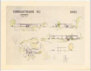 Wohnhausgruppe im sozialen Wohnungsbau Schinkelwettbewerb 1954: 3 Ansichten, Schnitt, Grundriss des Kindergartens 1:200, 1:100