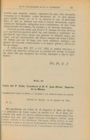 Núm. 16. Carta del P. Pablo Cavallería al R. P. Juan Ricart, Superior de la Misión