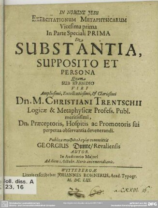 Exercitationum metaphysicarum vicesima prima ... de substantia, supposito et persona
