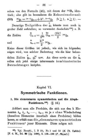 1. Die elementaren symmetrischen und die Aleph-Funktionen. (§ 16)