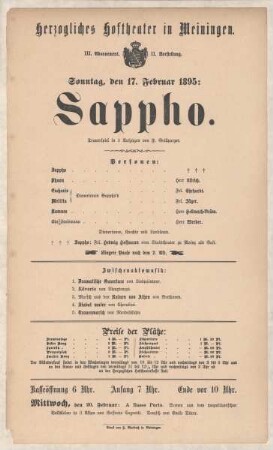 Theaterzettel zur Aufführung des Trauerspiels "Sappho. von Friedrich Grillparzer" in der Spielzeit 1894/95 des Herzoglichen Hoftheaters in Meiningen.