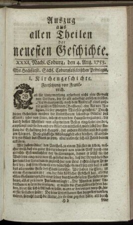 XXXI. Nachlese. Coburg, den 4. Aug. 1753.