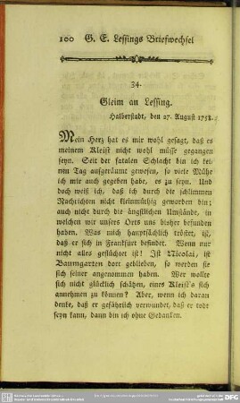 34. Gleim an Lessing. Halberstadt, den 27. August 1759