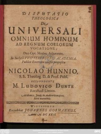Disputatio Theologica De Universali Omnium Hominum Ad Regnum Coelorum Vocatione